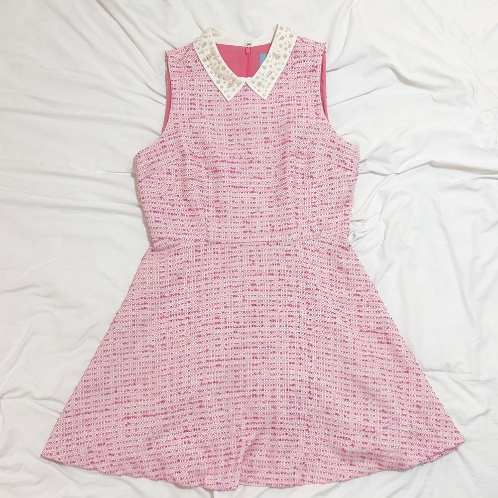 CeCe Pink Tweed Fit & Flare Dress with Pearl Embellished Collar | Size 10